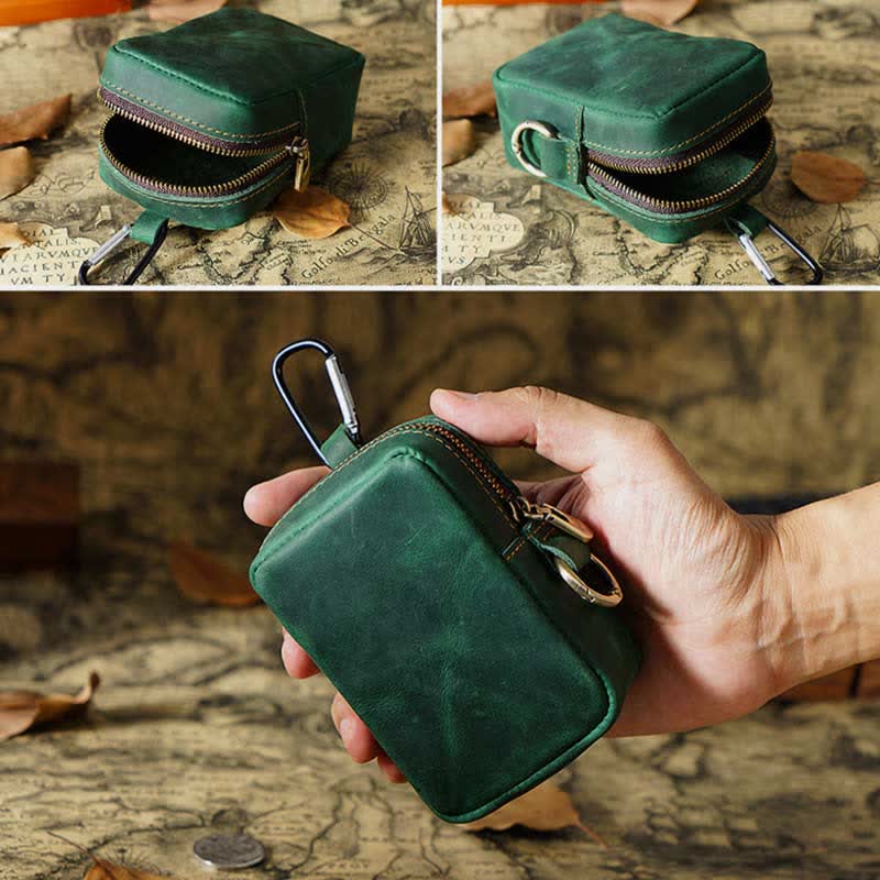 Genuine Leather Zipper Coin Purses Pouch for Women Men with Belt Loop