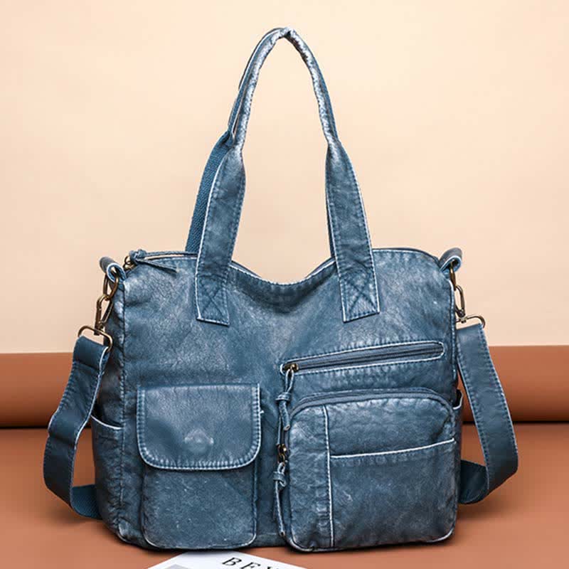 Denim Color Tote Handbags Big Capacity Faux Leather Shoulder Purse