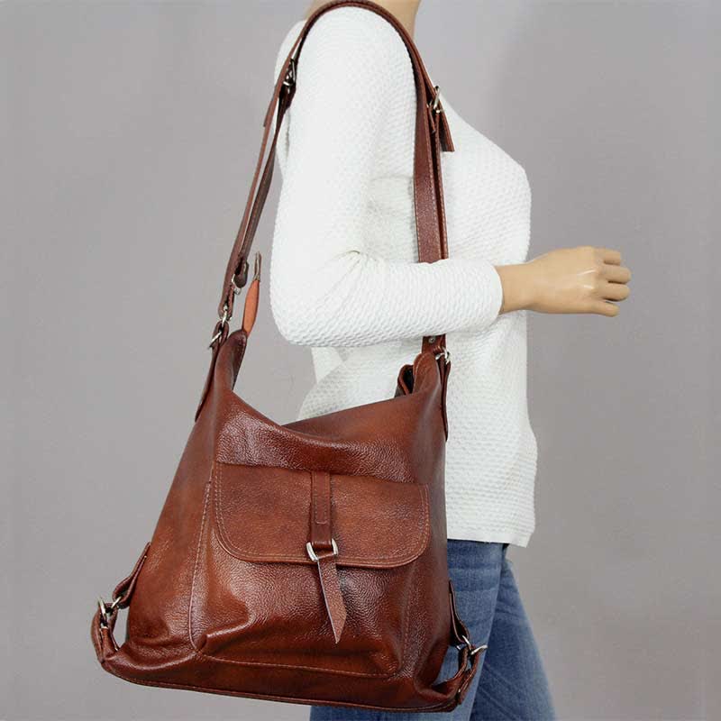 2-In-1 Leather Tote Backpack Shoulder Bag Retro Travel Day Pack Purse