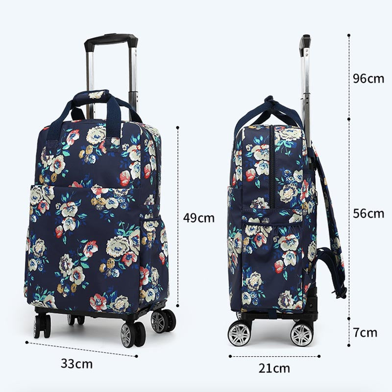 Floral Pull Rod Duffel Bag For Women Waterproof Shopping Cart