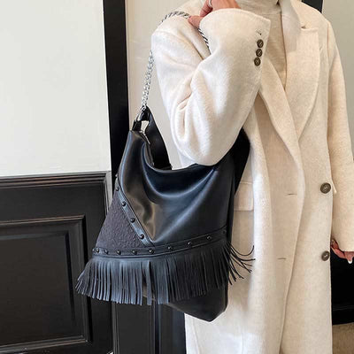 Rivet Tote Bag Women Large Capacity Motorcycle Tassel Chain Bag