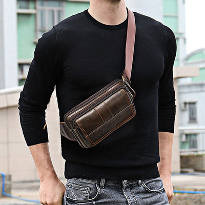 Waist Bag For Men Cowhide Leather Outdoor Running Crossbody Chest Bag