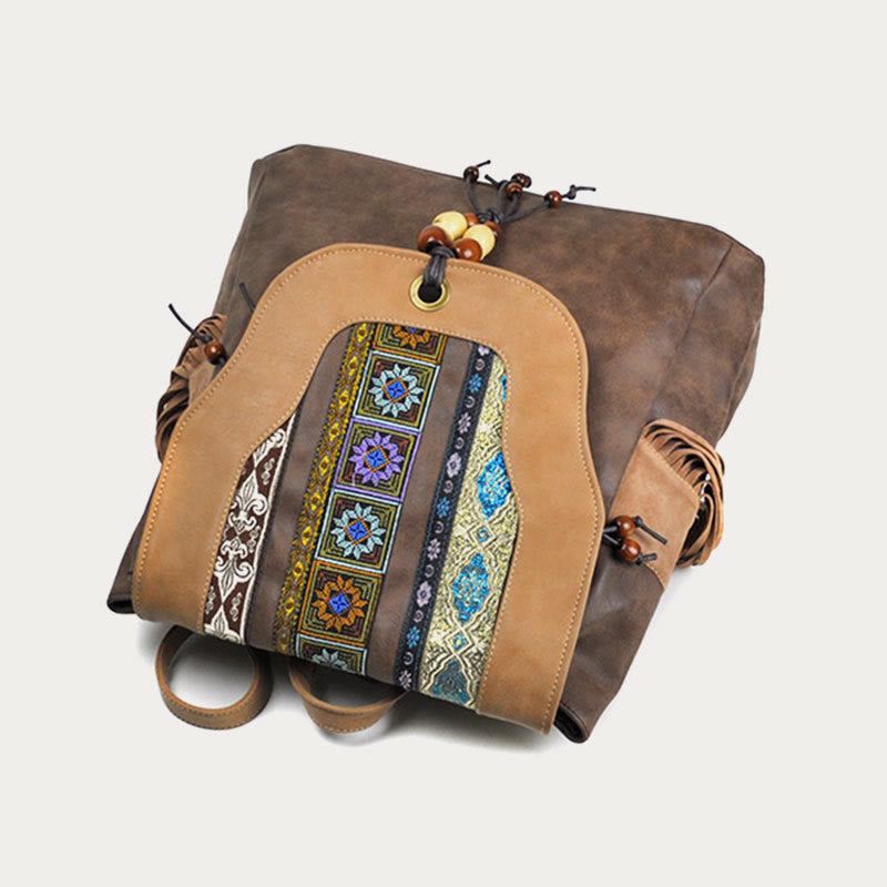 Backpack For Women Ethnic Style Printing Tassel Leather Daypack