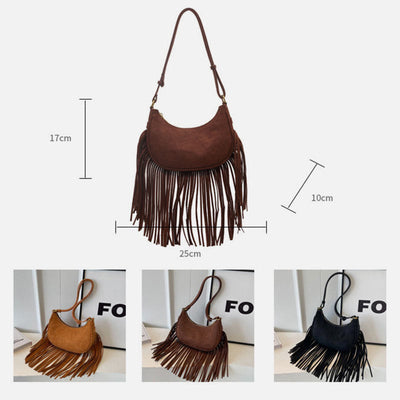 Tassel Underarm Bag For Women Retro Crescent Leather Shoulder Bag