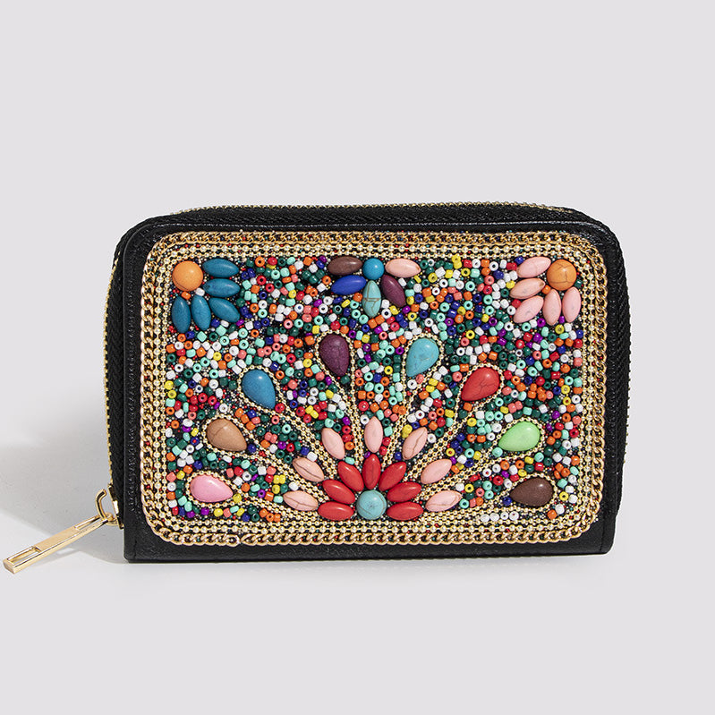 Bohemian Wallet For Women Butterfly Flower Pattern Zipper Purse