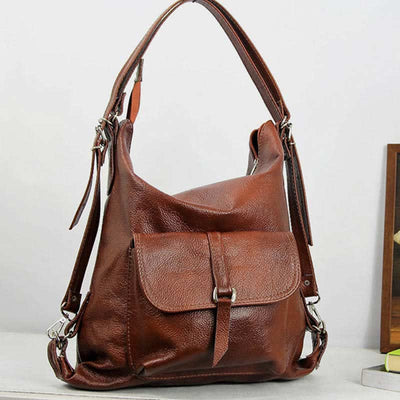 2-In-1 Leather Tote Backpack Shoulder Bag Retro Travel Day Pack Purse