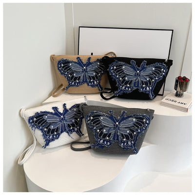 Embroidery Butterfly Shoulder Bag Cotton Linen Crossbody Purse For Women