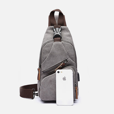 Canvas Sling Bag Crossbody Backpack Casual Rucksack with USB Charging Port