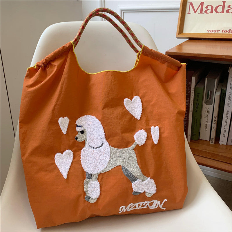 Cute Dog Embroideried Handbag Durable Drawstring Shoulder Bag For Women