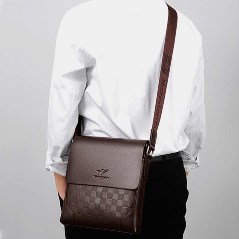 Men's Leather Plaid Small Messenger Bag Business Travel Carry Bag