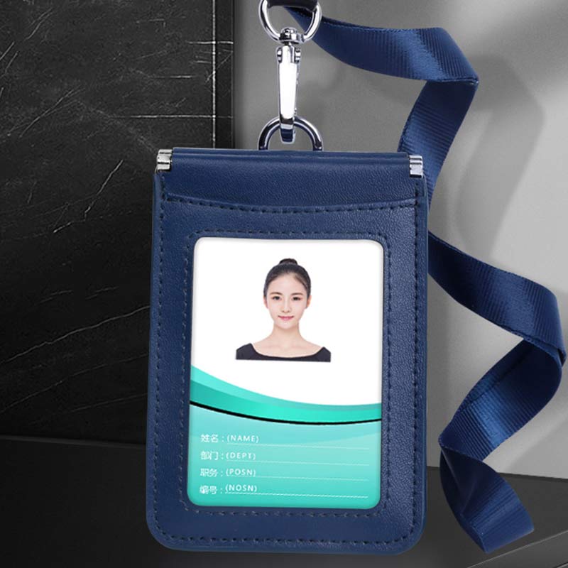 Genuine Leather ID Badge Holder with Vertical Clear ID Window Neck Lanyard