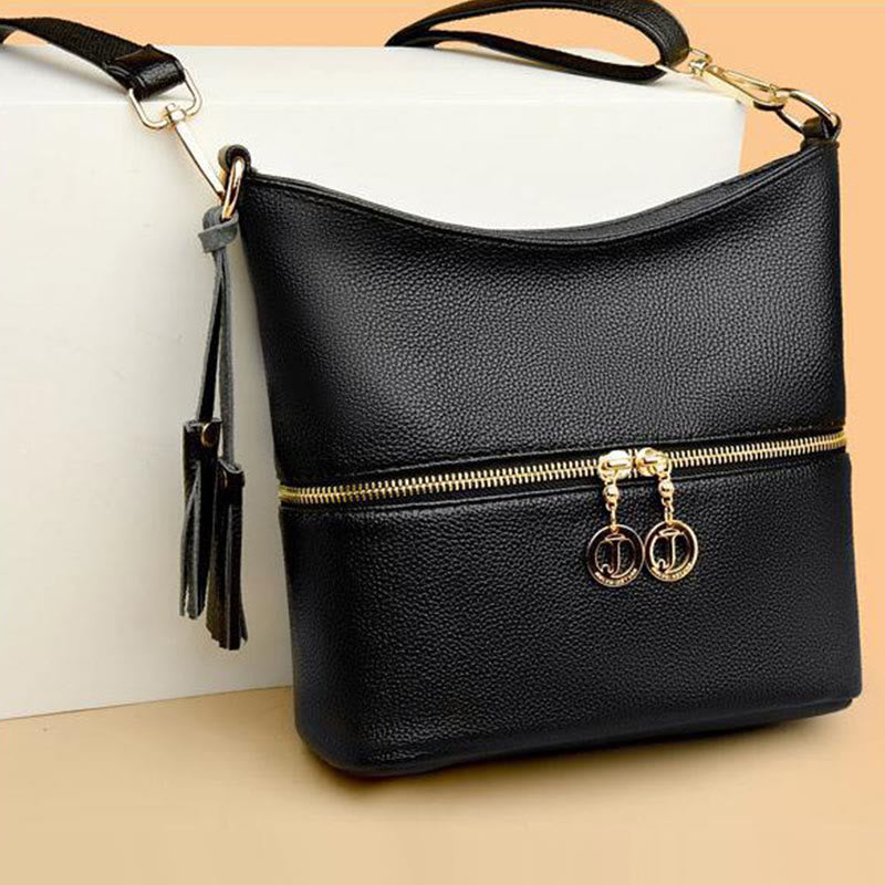 Double Zipper Purse For Women Tassel Solid Color Crossbody Bag