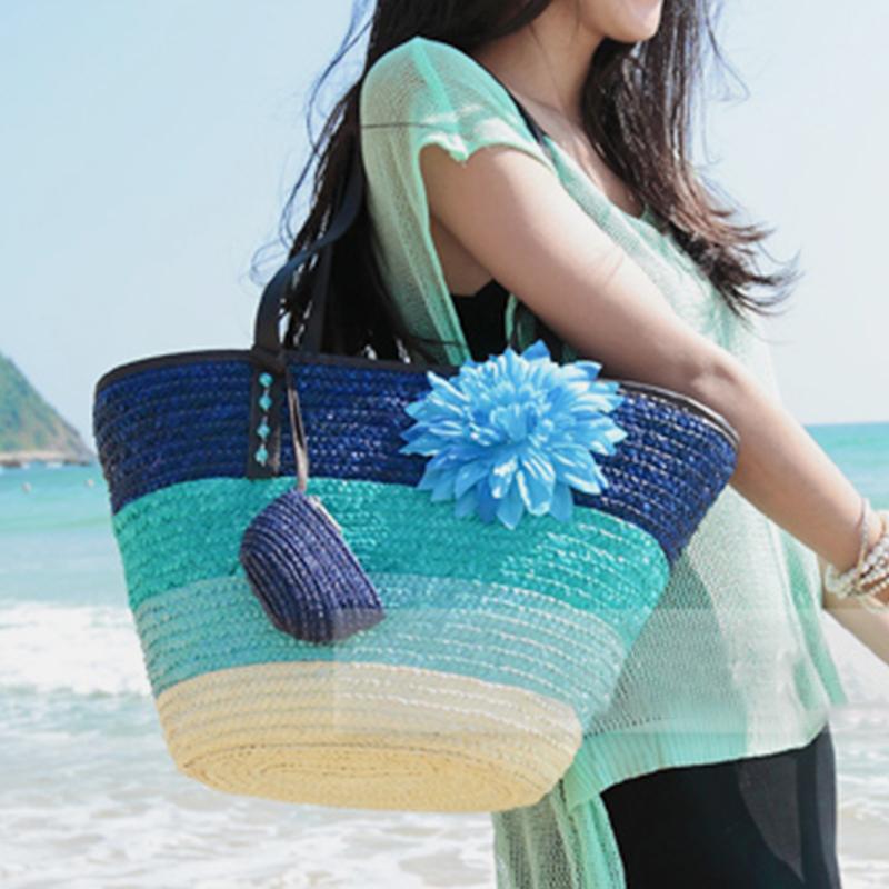 Summer Flower Straw Woven Beach Bag Travel Tote Bag