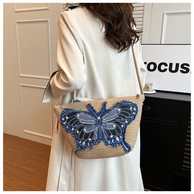 Embroidery Butterfly Shoulder Bag Cotton Linen Crossbody Purse For Women