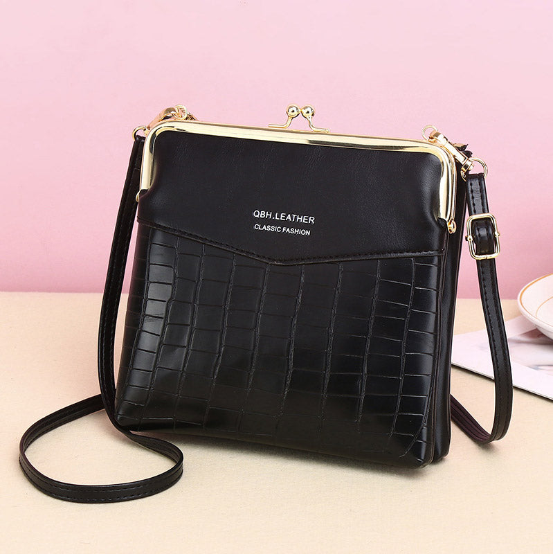 Leather Crossbody Handbag for Women Double Compartment Kiss Lock Shoulder Bag