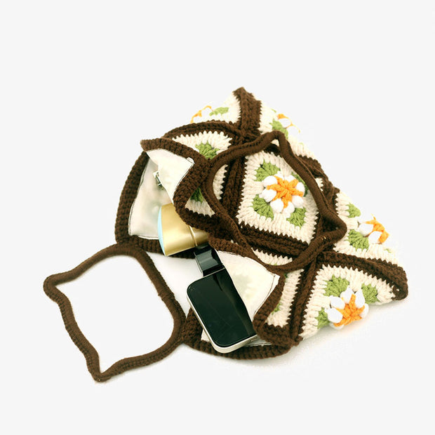 Cat Head Handle Crochet Handbag Cute Floral Purse For Women