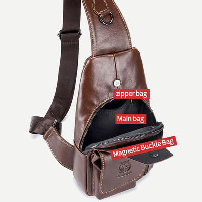 Genuine Leather Multi-Pocket Chest Bag Sling Backpack with USB Charging Port