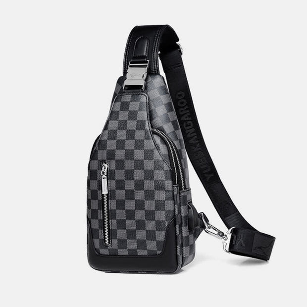 Double Layer PU Leather Sling Bag Plaid Crossbody Bag