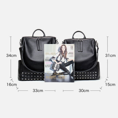 Fashion Rivet Backpack Genuine Leather Double Shoulder Strap Roomy Bag