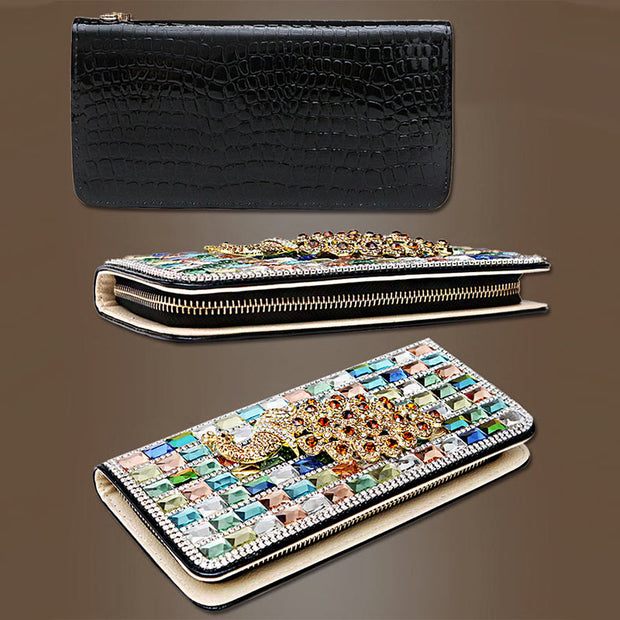 Long Leather Clutch For Women Diamond Encrusted Coin Wallet