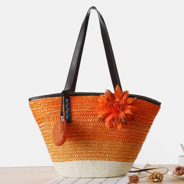 Summer Flower Straw Woven Beach Bag Travel Tote Bag