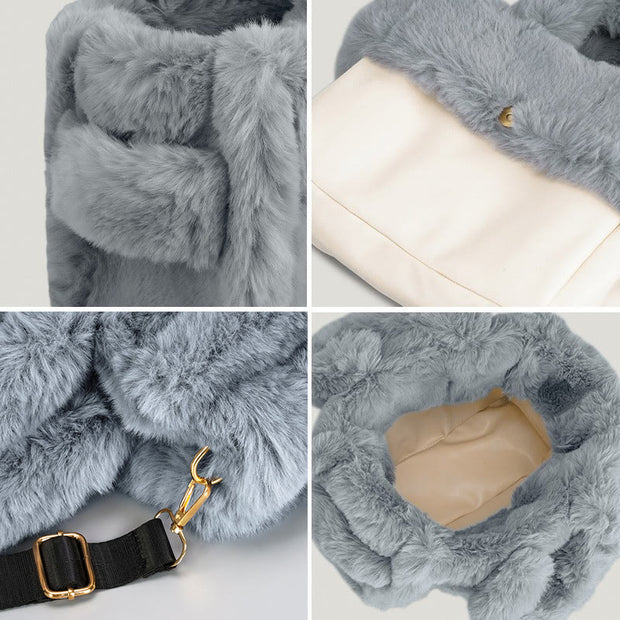 Solid Plush Handbag For Winter Soft Wide Strap Crossbody Bag