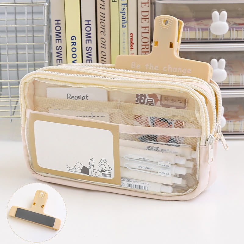 Pencil Case For Students Three Layer Transparent Simple Storage Case