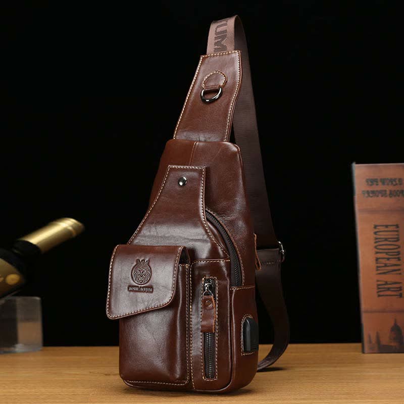 Genuine Leather Multi-Pocket Chest Bag Sling Backpack with USB Charging Port