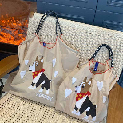 Cute Dog Embroideried Handbag Durable Drawstring Shoulder Bag For Women