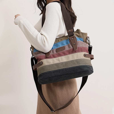 Multifunction Color Block Canvas Handbag Hobo Tote Bag Crossbody Purses