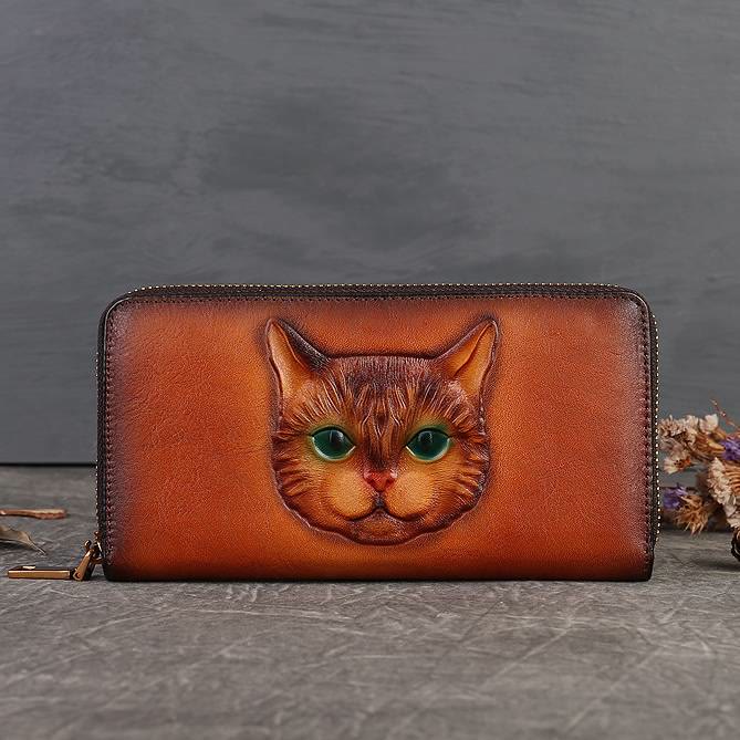 Real Leather Cat Wallet Embossed Multi Slot Clutch Purse