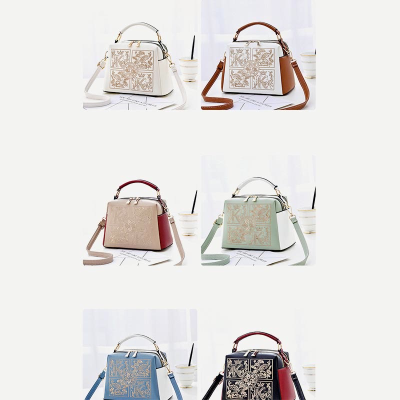 Top-Handle Bag For Women Embroidered Leather Portable Crossbody Shoulder Bag