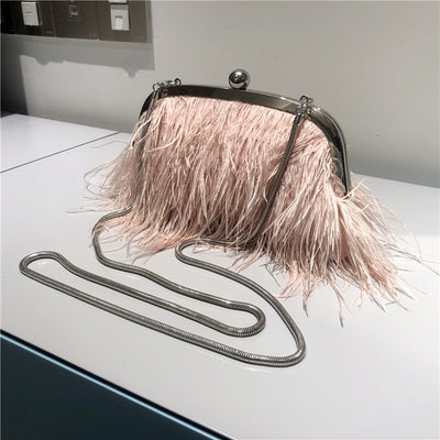 Pearl Chain Crossbody Bag For Women Ostrich Fur Handbag