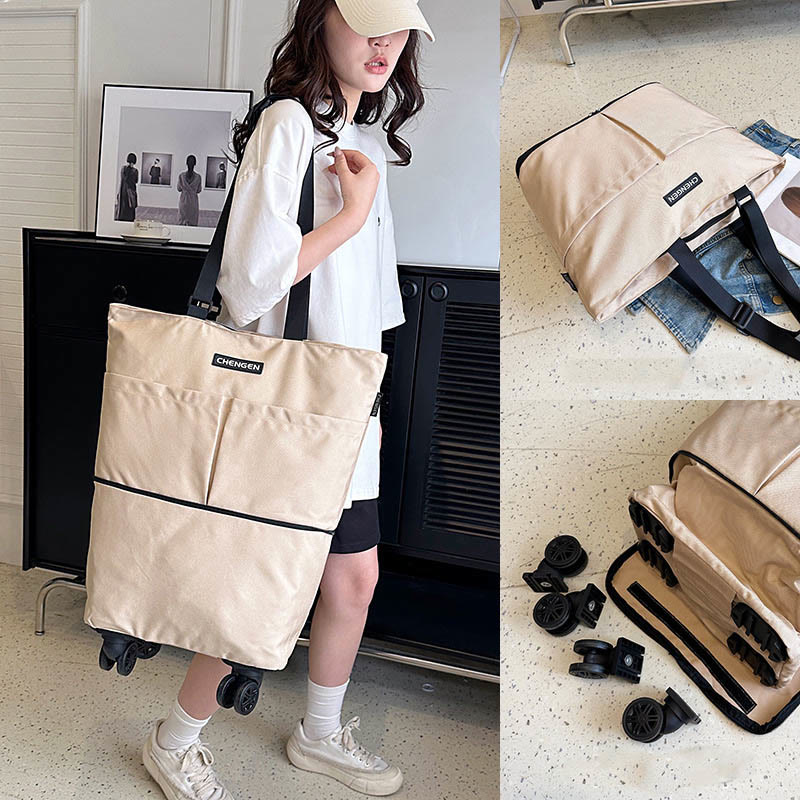 Supermarket Rolling Tote Detachable Foldable Wheels Shoulder Purse For Women