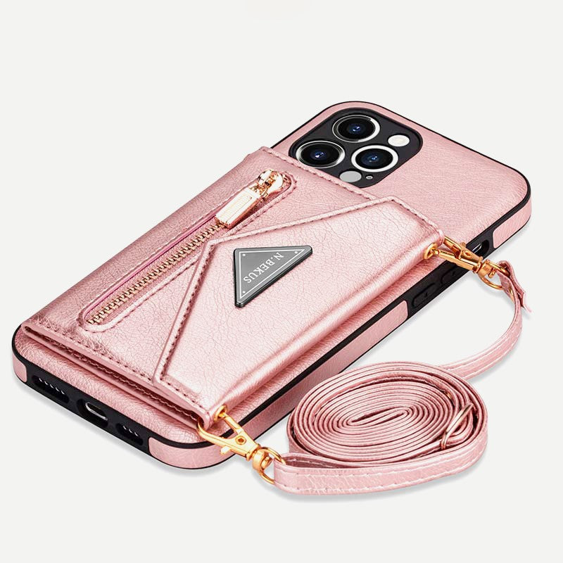 iPhone Wallet Case PU Protective Phone Bag Kickstand Cover Zipper Purse