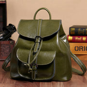 Classic Daypack For Women Outing Drawstring Clamshell Leather Backpack