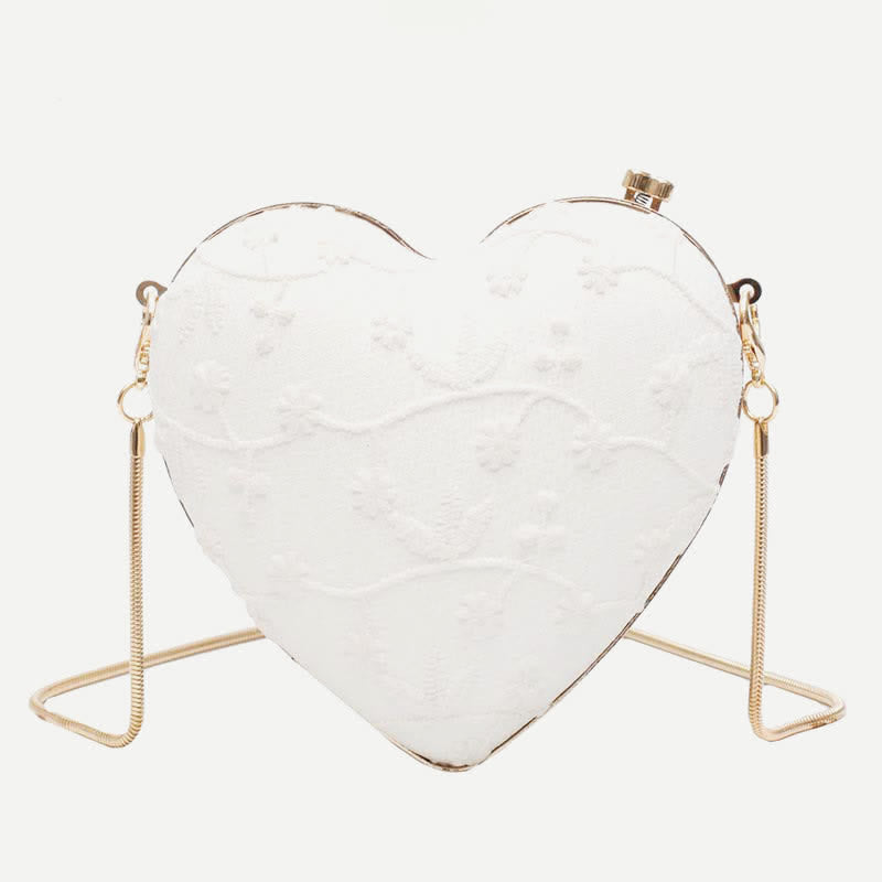 Floral Embroidered Handbag Heart Shaped Evening Bag Clutch with Gold Chain