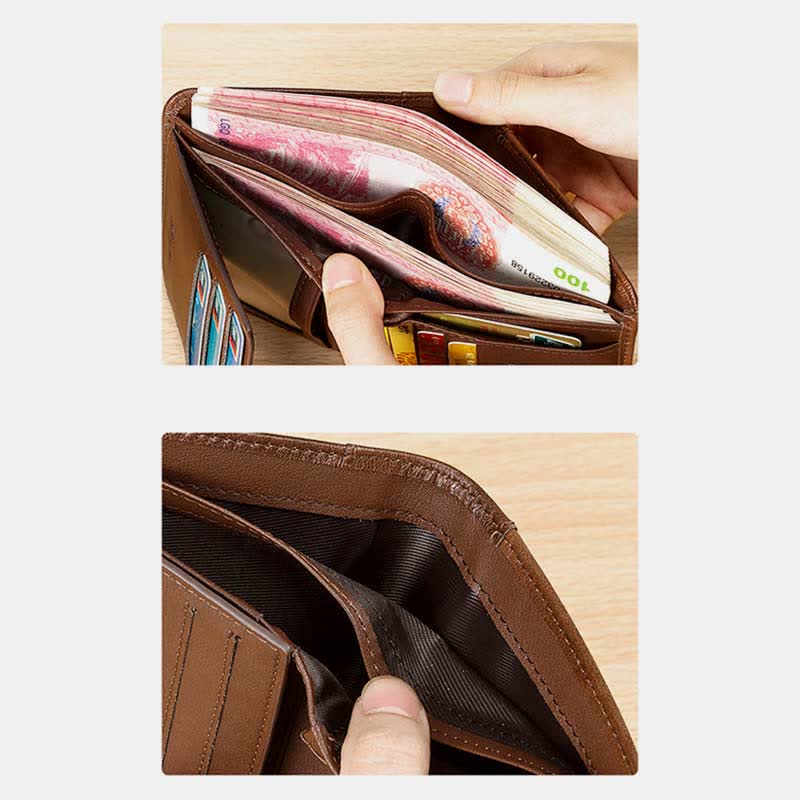 RFID Blocking Cowhide Leather Wallet Retro Roomy Front Pocket Wallet