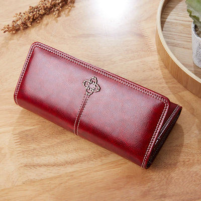 Elegant Retro Long Purse Wax Leather Card Holder For Women