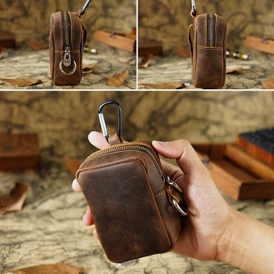 Genuine Leather Zipper Coin Purses Pouch for Women Men with Belt Loop