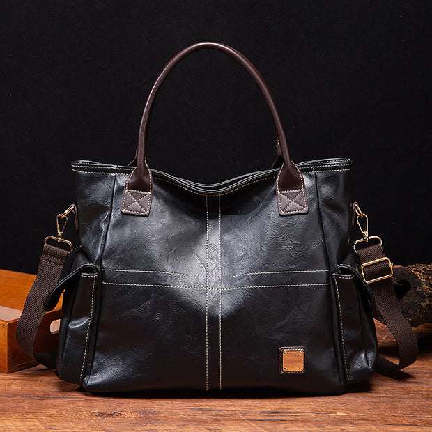 Plain Color Tote Cross Pattern Oil Wax Leather Women Handbag
