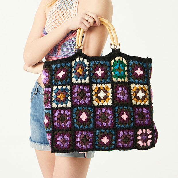 Tote For Women Knitted Colorful Flowers Pattern Bamboo Handle Handbag
