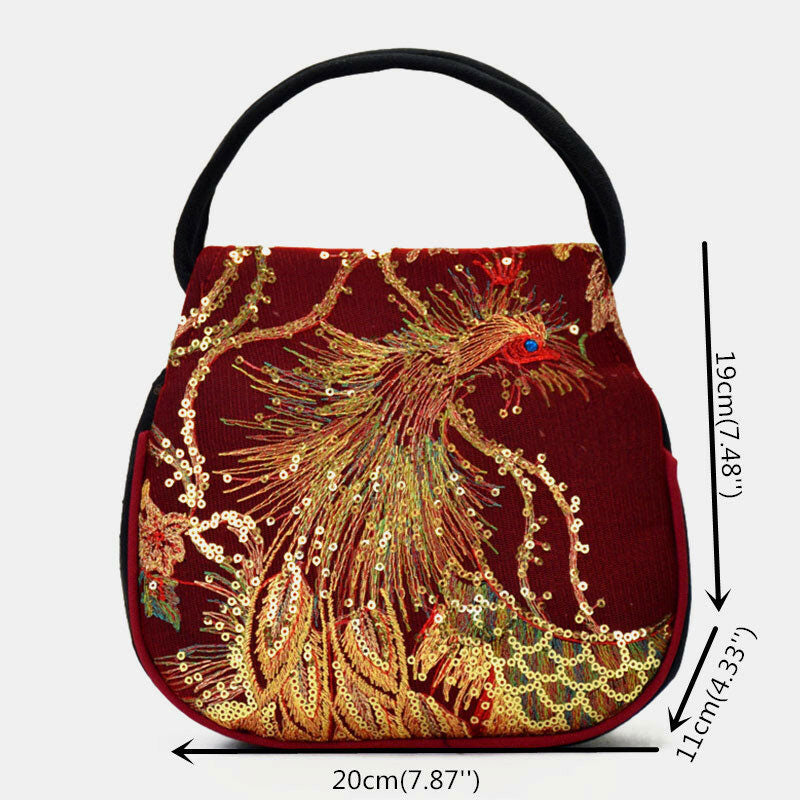 Ethnic Embroidered Sequined Canvas Phoenix Handbag