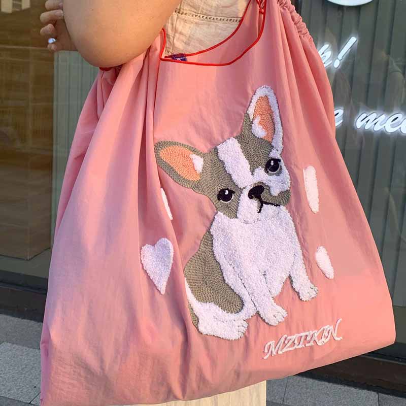 Cute Dog Embroideried Handbag Durable Drawstring Shoulder Bag For Women