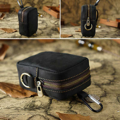 Genuine Leather Zipper Coin Purses Pouch for Women Men with Belt Loop