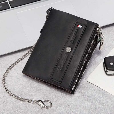 Mens Wallet with Chain Leather Bifold Wallet with Double Zipper Pocket