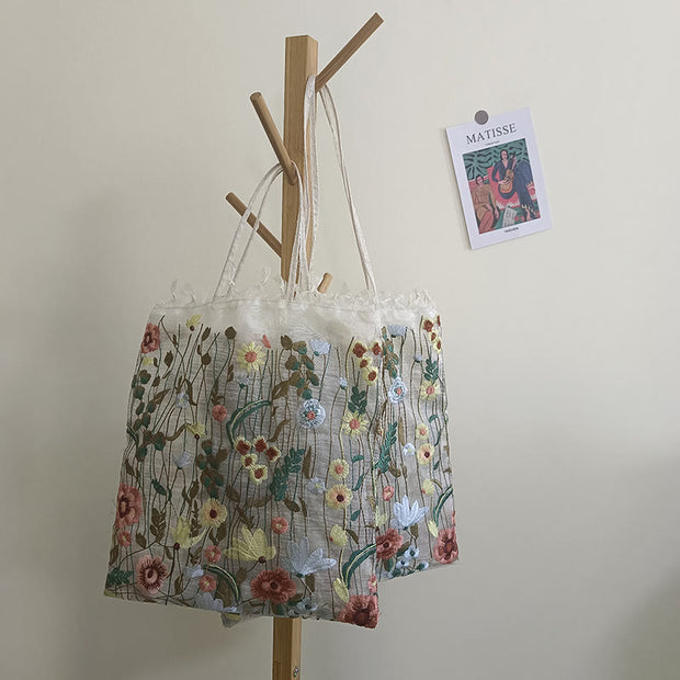 Handbag For Women Mesh Hand-Embroidered Flowers Portable Shoulder Bag