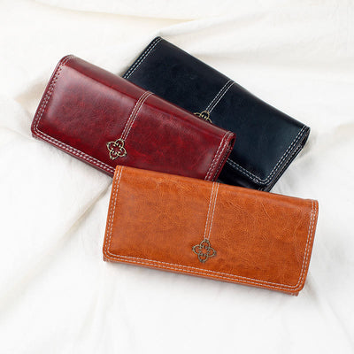 Elegant Retro Long Purse Wax Leather Card Holder For Women