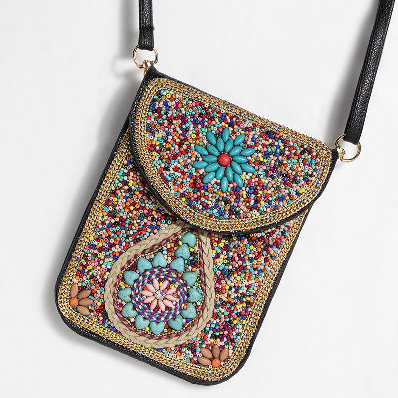 Bohemian Phone Bag Women Shell Flowers Pattern Magnetic Crossbody Bag