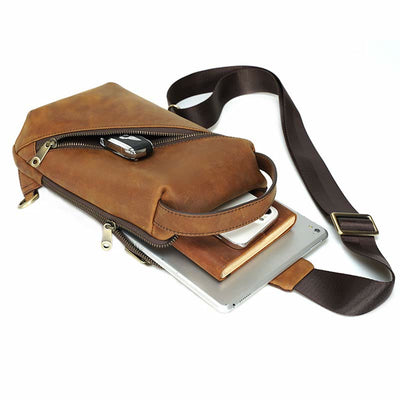 Men's Leather Crossbody Sling Bag Outdoor Travel Chest Bag Shoulder Daypack